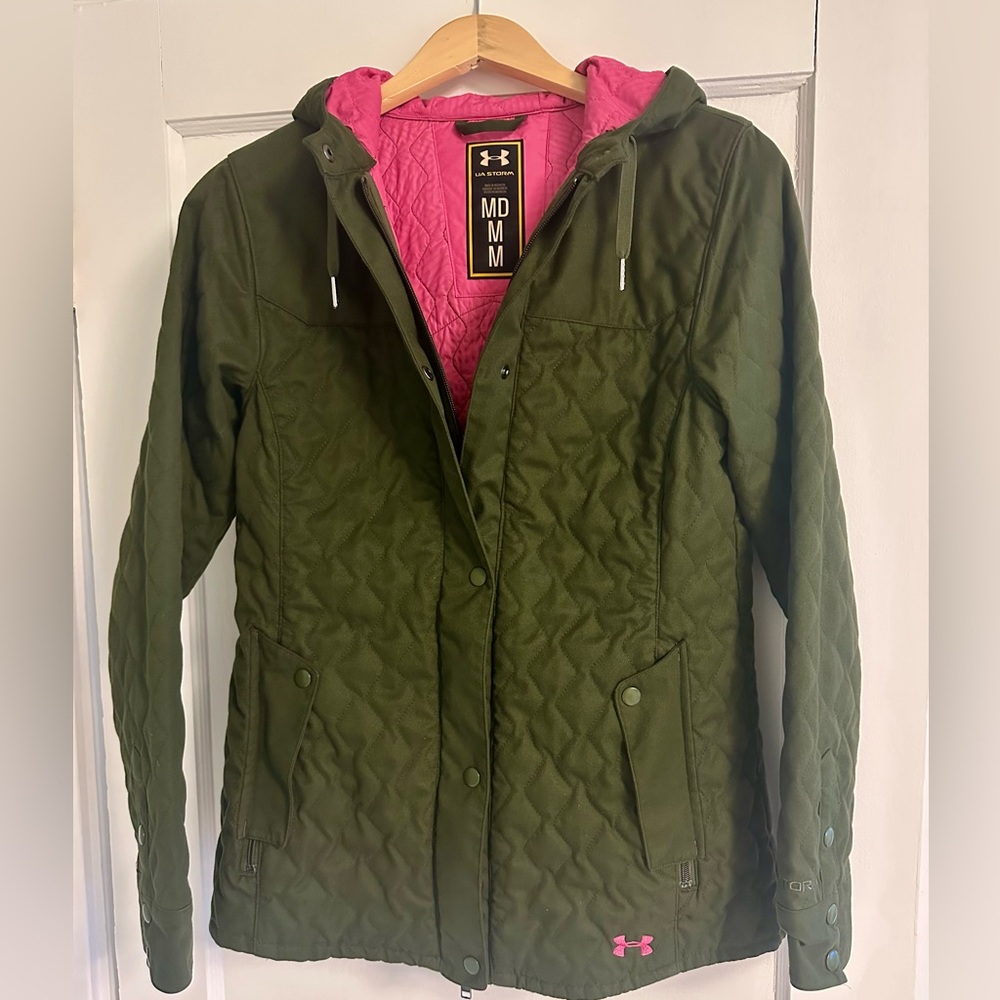 Under Armour green and pink quilted jacket with hood